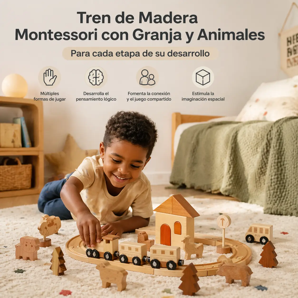 Tren de Madera Montessori con Granja y Animales